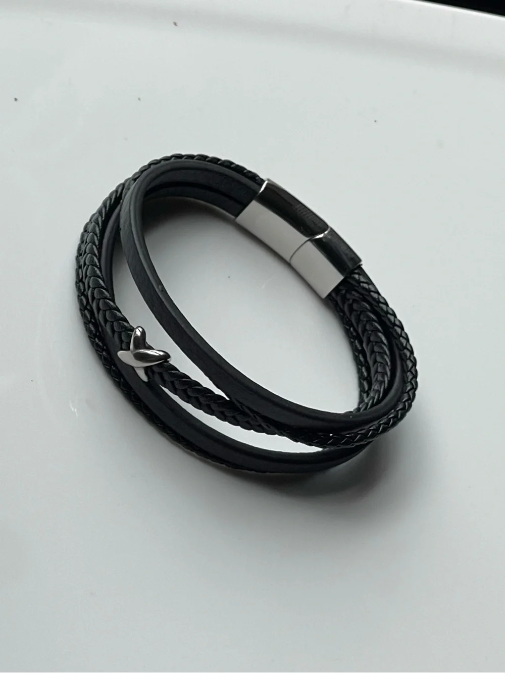 Black Multi-Strand Leather Men's Bracelet with Magnetic Clasp